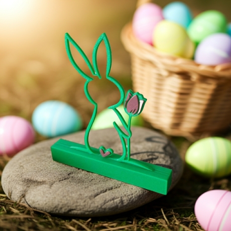 Hase mit Tulpe & Herz auf Klotz-Sockel aus PLA – Osterdeko