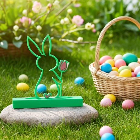 Hase mit Tulpe & Herz auf Klotz-Sockel aus PLA – Osterdeko