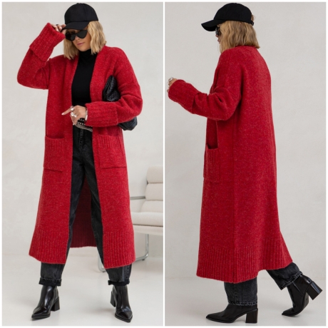 Oversized Strickmantel lang Strickjacke Cardigan Weste Rot S - XL