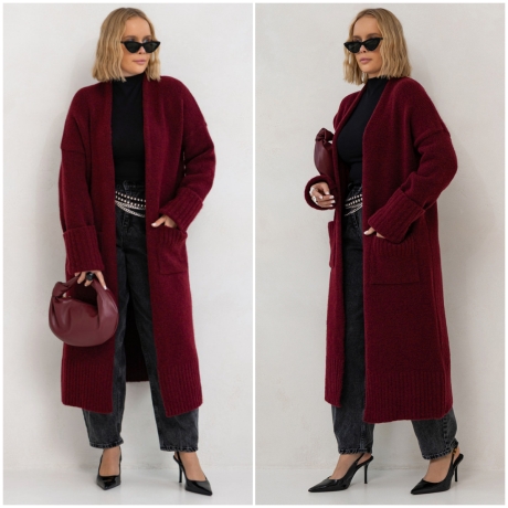 Oversize Strickmantel lang Strickjacke Cardigan Bordeauxrot S-XL