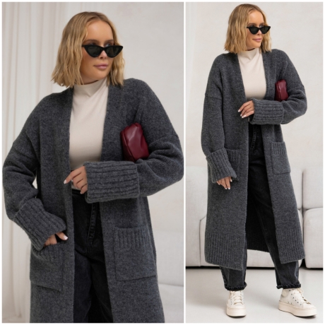 Oversize Strickmantel Strickjacke lang Cardigan Graphit Grau S-XL