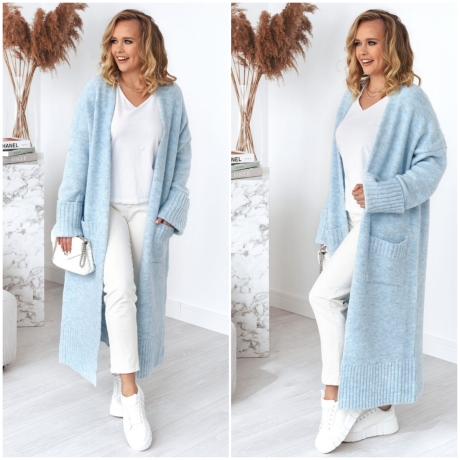 Oversized Strickmantel lang Strickjacke Cardigan Babyblau S-XL