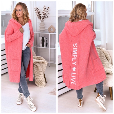 Oversize Strickmantel lange Strickjacke Cardigan Koralle M-2XL