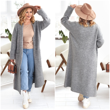 Oversize Strickmantel Strickjacke lang Cardigan dunkelgrau S-XL