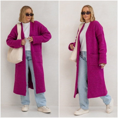 Oversize Strickmantel Strickjacke lang Cardigan Magenta S-XL