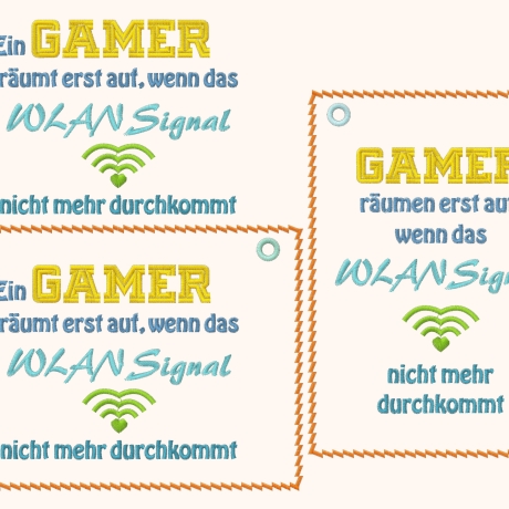 3x Gamer WLan Stickdatei ITH Schild / Einzeltext