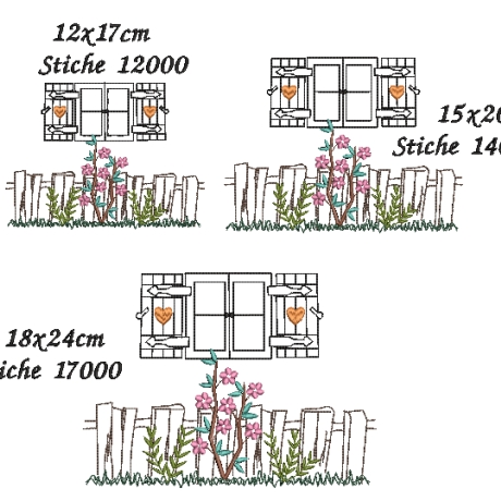 Stickdatei Gartenzaun mit Fenster verschiedene Größen