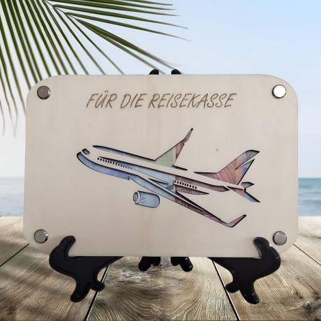 Holzkarte für Geldgeschenk / Flugzeug - Für die Reisekasse