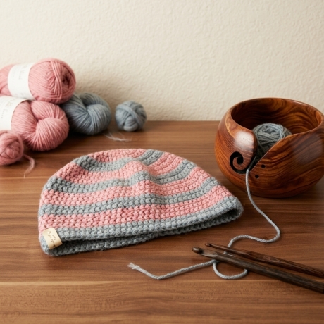 Gehäkelte Kindermütze (6-10 J.), Gestreifte Beanie,