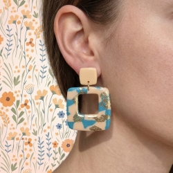 Geometrische Statement Ohrringe Türkis & Apricot mit Blattgold