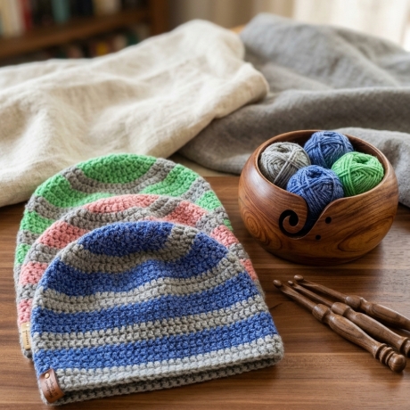 Gehäkelte Kindermütze (6-10 J.), Gestreifte Beanie,