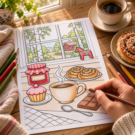 Gratis Malvorlage Fika zum Ausdrucken | Kaffee & Zimtschnecken