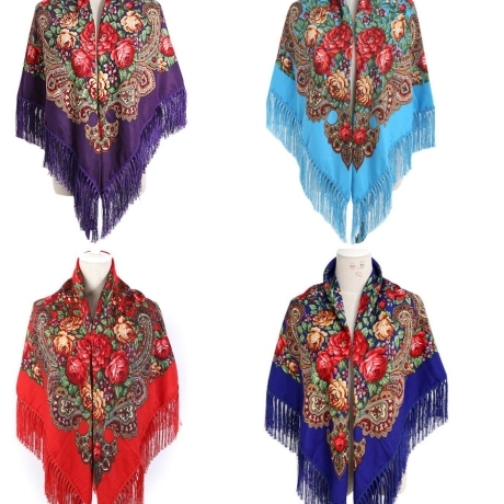 Ukrainischer Traditions-Damenschal mit Fransen, himmelblau