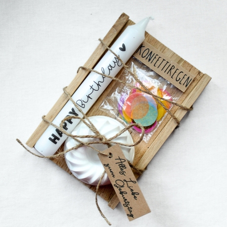 Geschenkset Geburtstag | Kerze, Kerzenhalter, Konfetti in Holzbox
