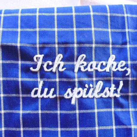 Geschirrtuch♥Ich koche, du spülst!♥in blau-weiß♥bestickt