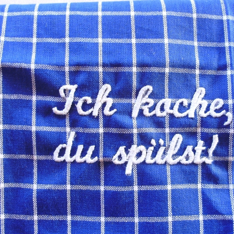 Geschirrtuch♥Ich koche, du spülst!♥in blau-weiß♥bestickt