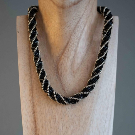 Glasperlenkette gefädelt, schwarz silber, 45 cm