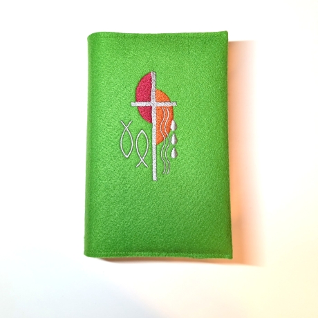 Gotteslobhülle, grüner Filz, Kreuz, Halbkreise, Fische, Tropen