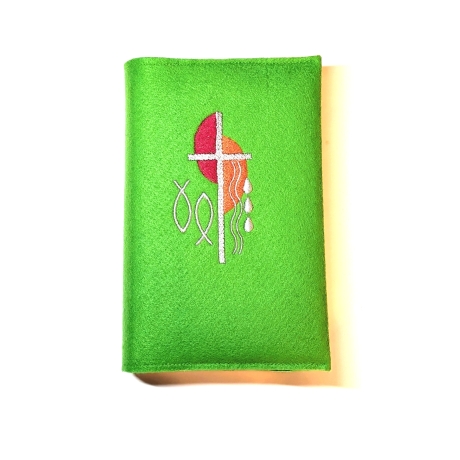 Gotteslobhülle, grüner Filz, Kreuz, Halbkreise, Fische, Tropen