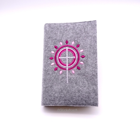 Gotteslobhülle mit  Kreuz, Kreise Strahlen rosa, dunkelrot