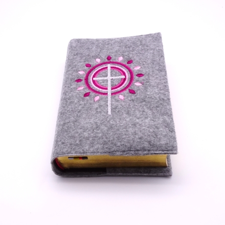 Gotteslobhülle mit  Kreuz, Kreise Strahlen rosa, dunkelrot