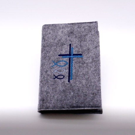 Gotteslobhülle mit blauem Kreuz und Fischen