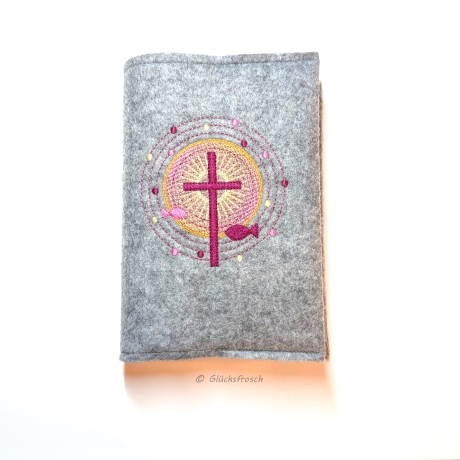 Gotteslobhülle mit  Kreuz und Fischen, Kreisen + Punkten, weinrot