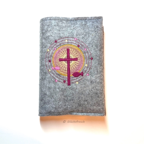 Gotteslobhülle mit  Kreuz und Fischen, Kreisen + Punkten, weinrot