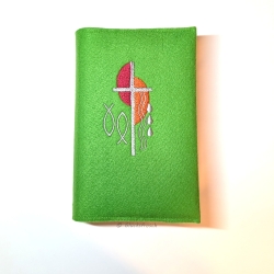 Gotteslobhülle, grüner Filz, Kreuz, Halbkreise, Fische, Tropen