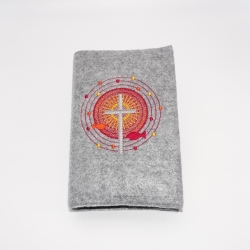 Gotteslobhülle mit  Kreuz und Fischen, Kreisen + Punkten, rot