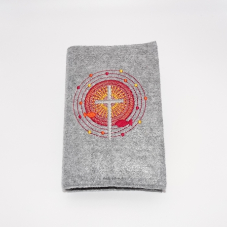 Gotteslobhülle mit  Kreuz und Fischen, Kreisen + Punkten, rot