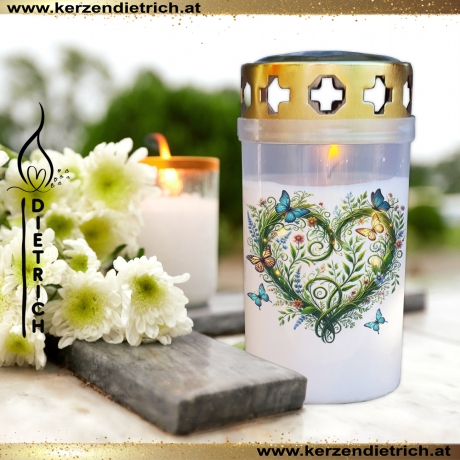 Grablicht Blumenherz 12 | personalisierbar | Kerze Friedhof, Grab