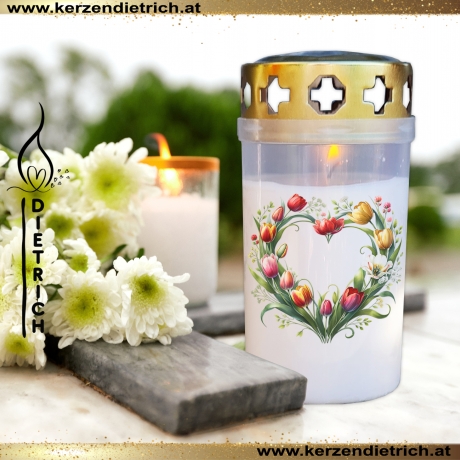 Grablicht Blumenherz 14 | personalisierbar | Kerze Friedhof, Grab