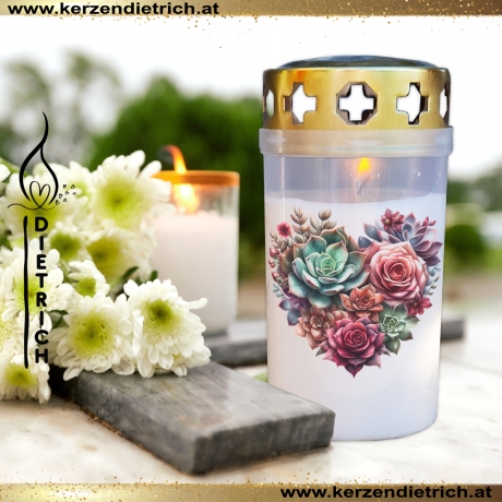 Grablicht Blumenherz 17 | personalisierbar | Kerze Friedhof, Grab