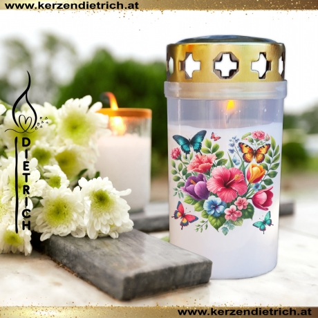 Grablicht Blumenherz 22 | personalisierbar | Kerze Friedhof, Grab