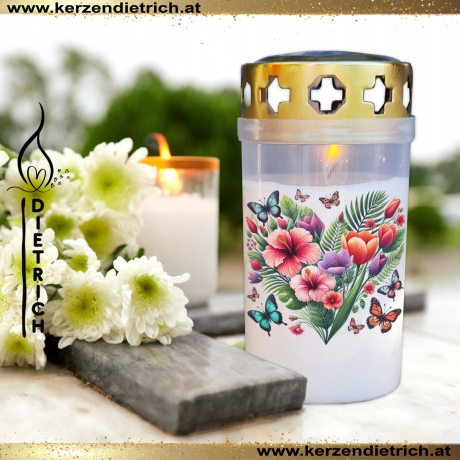 Grablicht Blumenherz 23 | personalisierbar | Kerze Friedhof, Grab