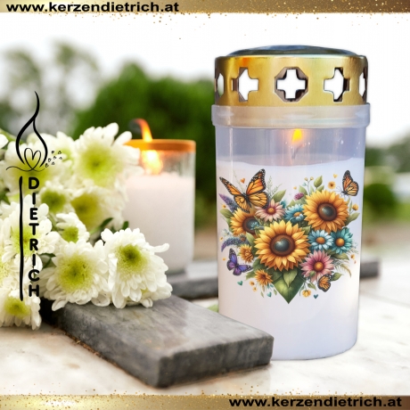 Grablicht Blumenherz 24 | personalisierbar | Kerze Friedhof, Grab