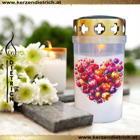 Grablicht Blumenherz 25 | personalisierbar | Kerze Friedhof, Grab