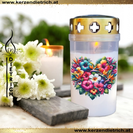 Grablicht Blumenherz 27 | personalisierbar | Kerze Friedhof, Grab