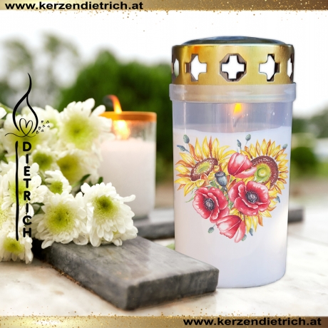 Grablicht Blumenherz 28 | personalisierbar | Kerze Friedhof, Grab