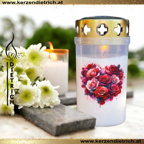 Grablicht Blumenherz 3 | personalisierbar | Kerze Friedhof | Grab