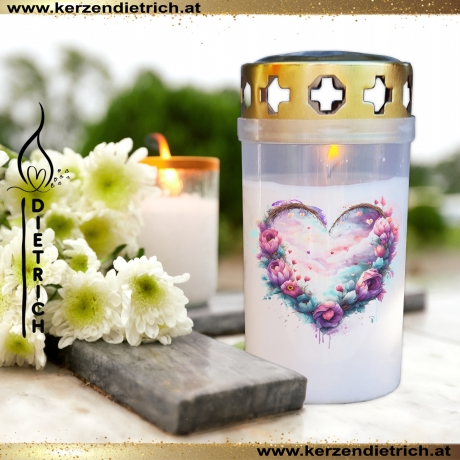 Grablicht Blumenherz 4 | personalisierbar | Kerze Friedhof | Grab