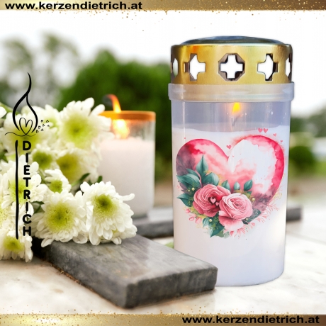 Grablicht Blumenherz 6 | personalisierbar | Kerze Friedhof | Grab