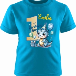 Kinder Kurzarm T-Shirt mit Happy Birthday DINO und  Name + Zahl