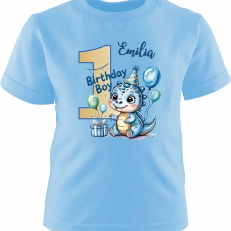 Kinder Kurzarm T-Shirt mit Happy Birthday DINO und  Name + Zahl
