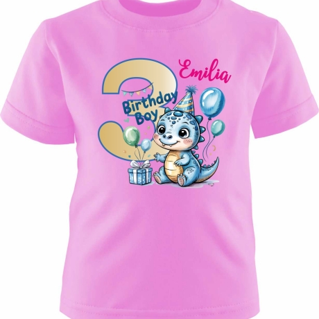 Kinder Kurzarm T-Shirt mit Happy Birthday DINO und  Name + Zahl