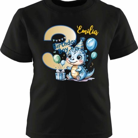 Kinder Kurzarm T-Shirt mit Happy Birthday DINO und  Name + Zahl