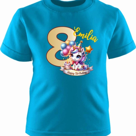 Kinder Kurzarm T-Shirt mit Happy Birthday EINHORN und Name + Zahl