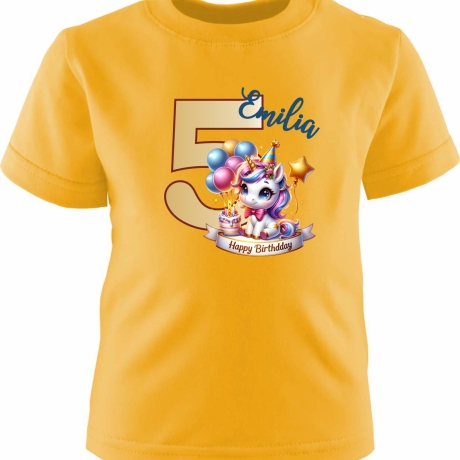 Kinder Kurzarm T-Shirt mit Happy Birthday EINHORN und Name + Zahl