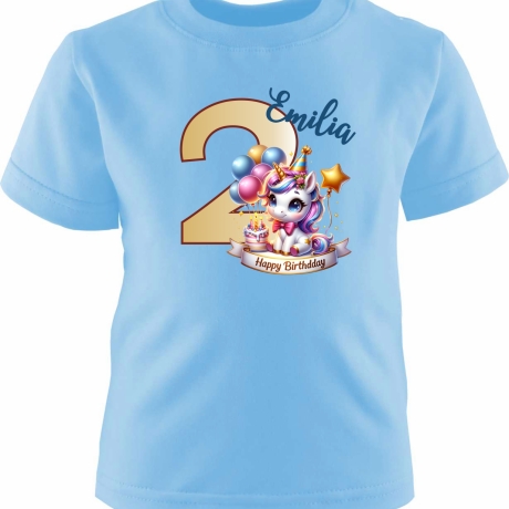 Kinder Kurzarm T-Shirt mit Happy Birthday EINHORN und Name + Zahl